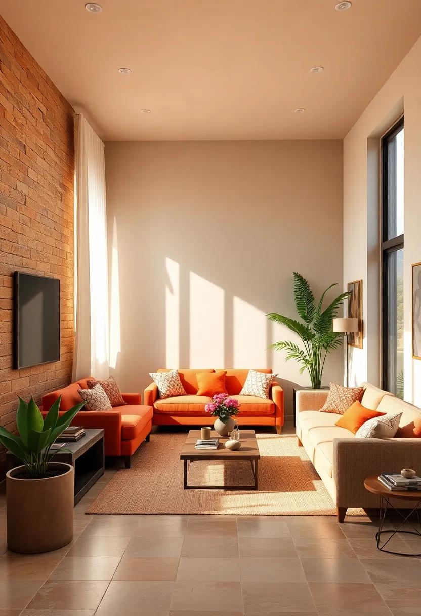 Terracotta Sunrise: A melding of burnt orange, soft beige, and dusky pink creates warmth and energy, perfect for living areas