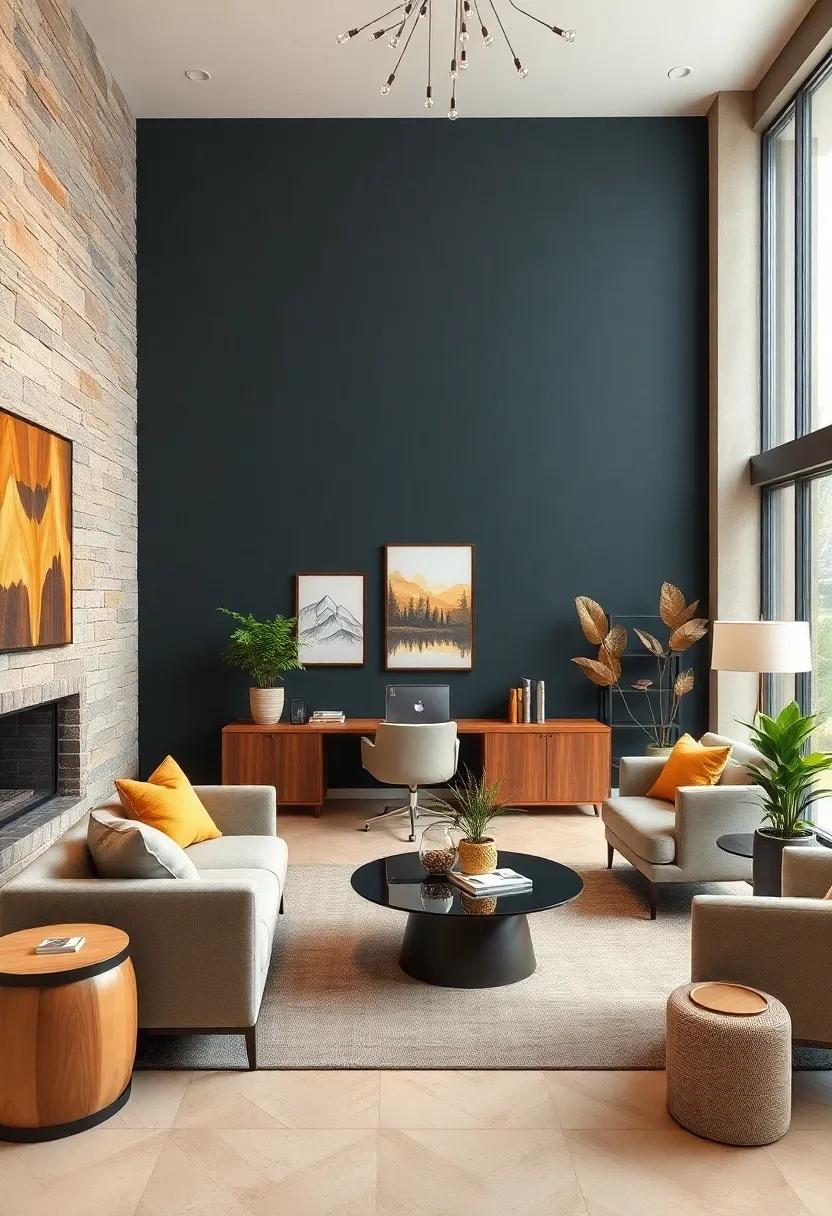 Mountain Retreat: Deep slate blue, earthy brown, and soft stone gray create a modern yet comforting ambiance for any home office