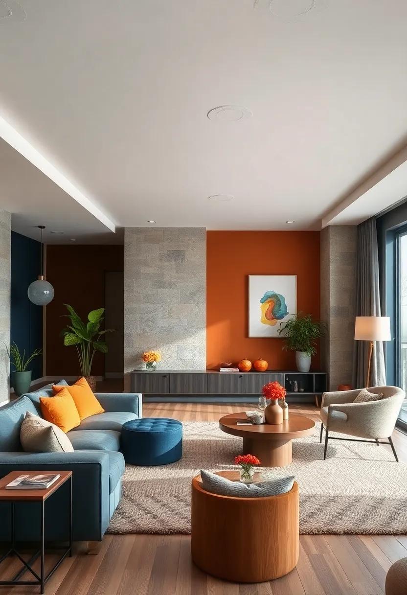 Ochre Skyline: Warm ochre, cloudy gray, and striking navy form a modern palette reminiscent of urban sunsets, ideal for city dwellers