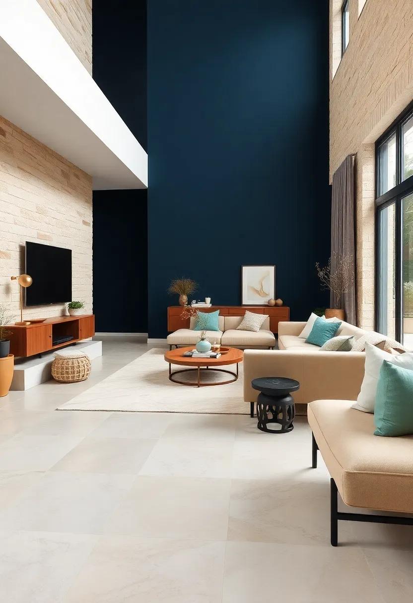 ocean Depths: Bold navy blue, airy turquoise, and sandy beige conjure the essence of ocean waves, perfect for coastal homes