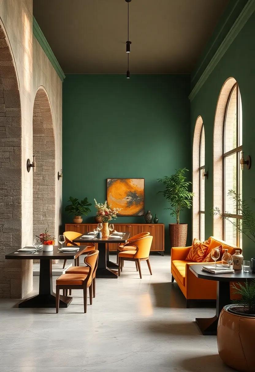 Rustic Jewel: Combine rich emerald,warm gold,and deep espresso for a luxurious yet earthy aesthetic in dining spaces