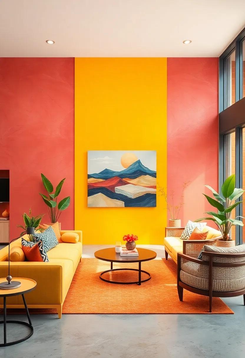 Tropical sunset: Vibrant coral, golden yellow, and deep cerulean create an energizing and cheerful environment for vibrant spaces