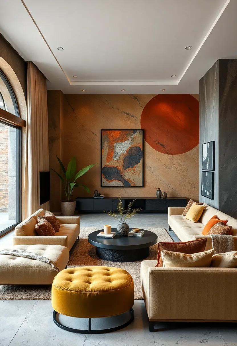 Earthy Abstract: A unique mix of ochre, charcoal, and olive green flows together for an artistic touch in modern living areas
