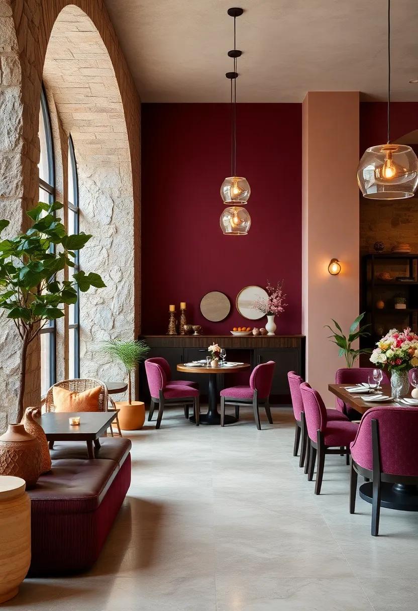 Grapevine Romance: deep burgundy,soft blush,and muted green bring a touch of romance to intimate dining areas