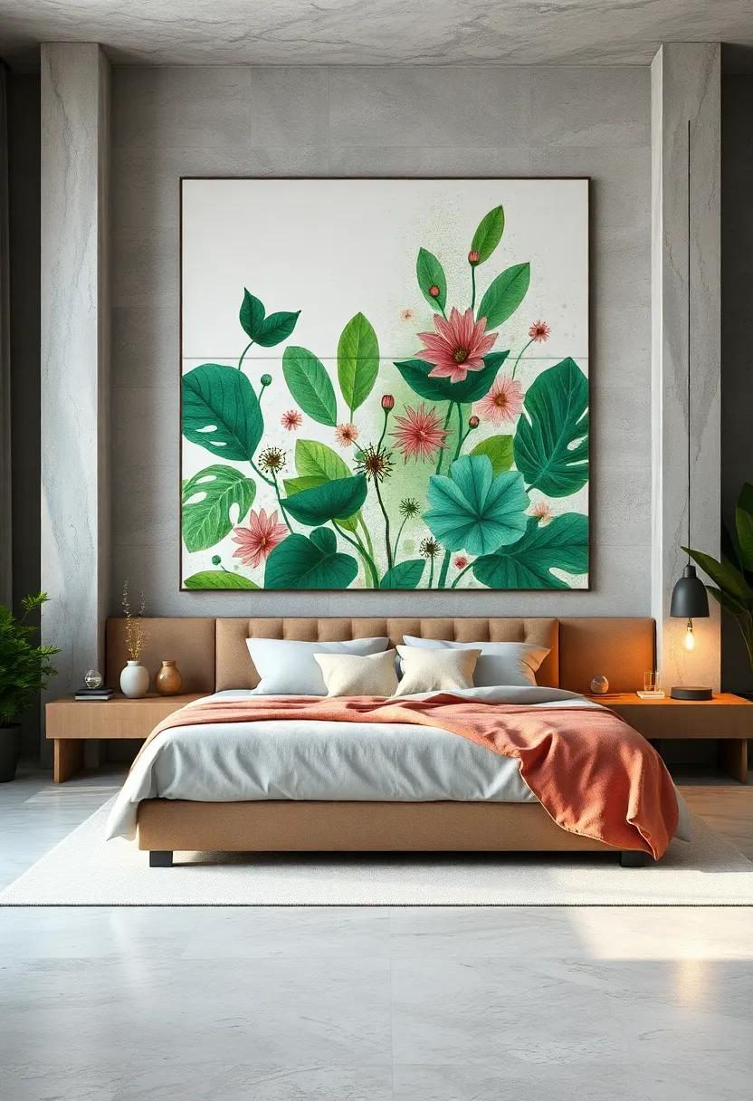 Experiment ‍with nature-inspired⁣ abstract art featuring splashes of greens and floral ​colors for⁢ an‌ artistic edge in‌ your bedroom