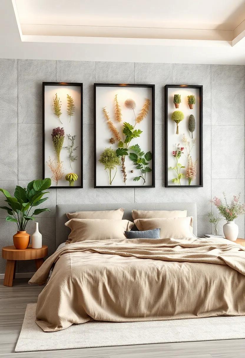Frame dried herbs and ​foliage in ​shadow boxes for ⁢a unique art piece that⁢ also‍ introduces a delightful ⁢scent into your bedroom