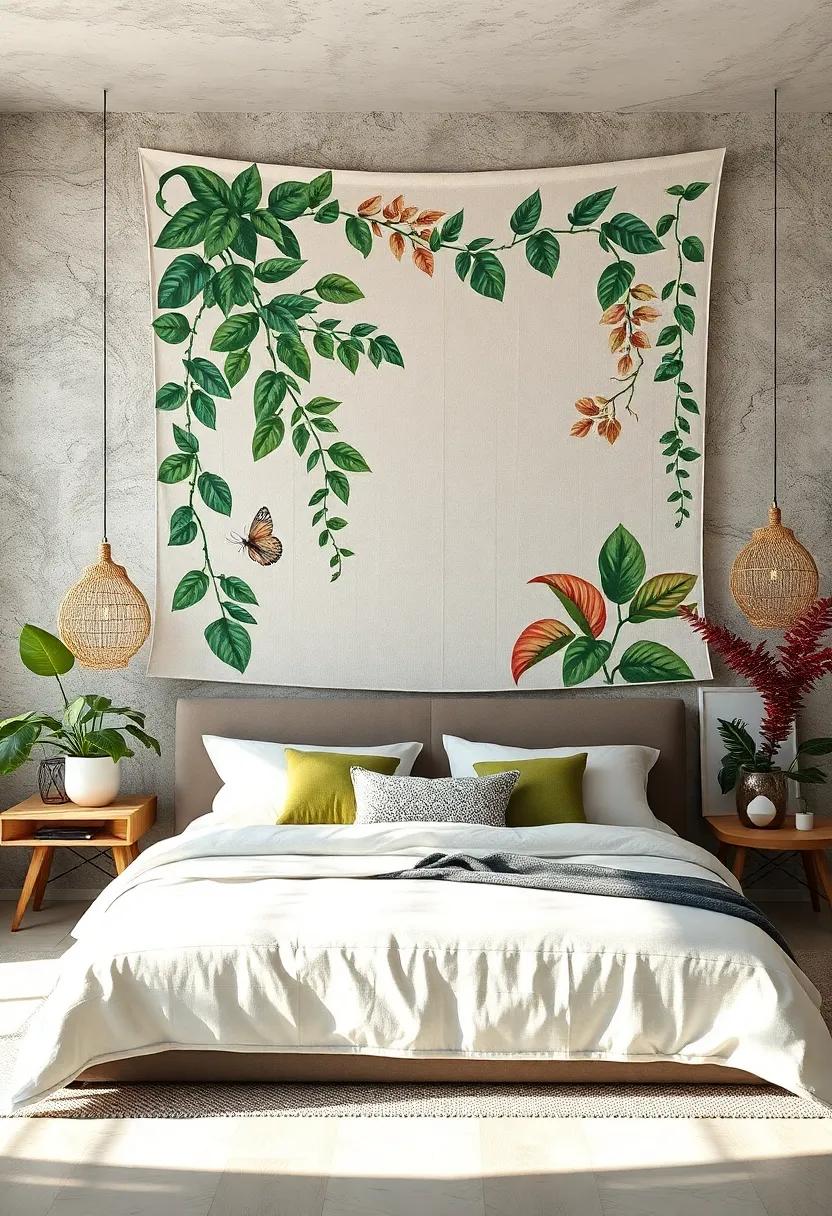 Try a fabric wall hanging adorned‌ with verdant vines and tropical leaves, adding texture​ and‍ depth‌ to ​your ​decor