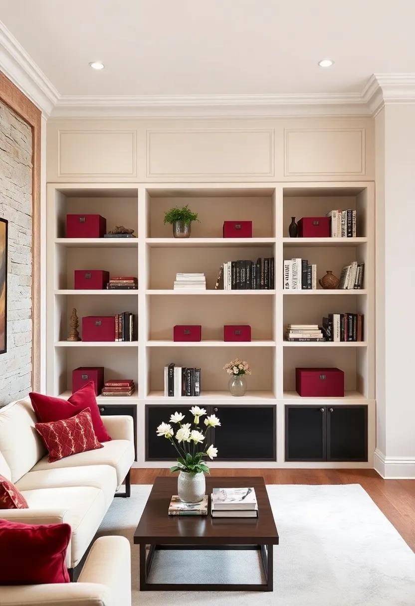 Chic ​Library: Line bookshelves with burgundy decorative boxes against ⁢cream walls for a stylish organization solution⁣ in your ⁣reading nook