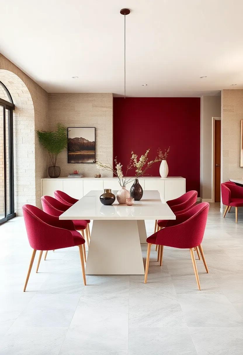Modern Minimalism: Opt for a sleek cream dining⁢ table surrounded by burgundy chairs to⁢ add a pop ‍of color to your contemporary dining ​area