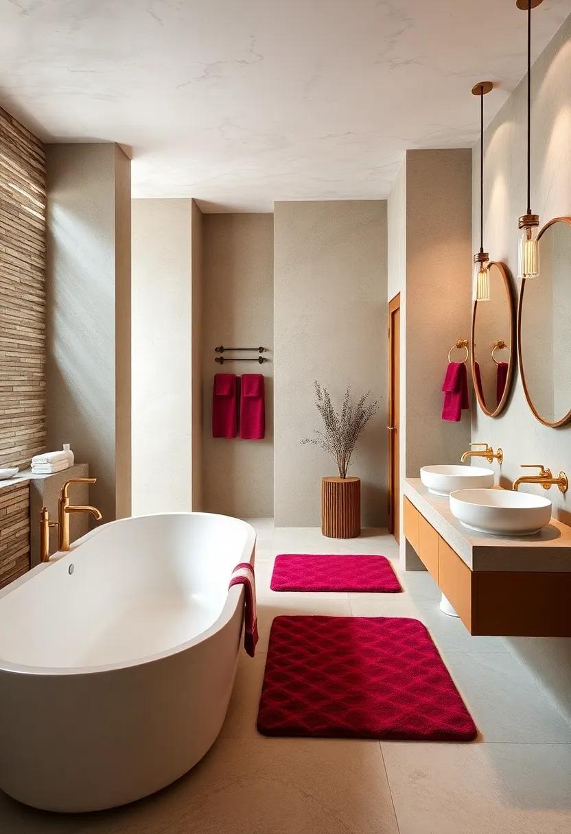 Spa-inspired retreat: Use burgundy towels and cream bath mats for a luxurious⁤ and relaxing feel ⁢in ‌your bathroom