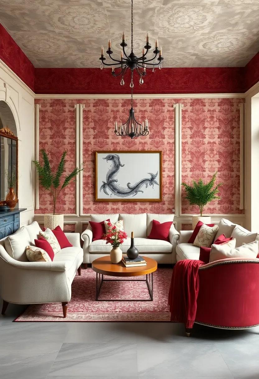 Vintage Charm: Incorporate antique cream furniture against a backdrop of burgundy wallpaper for a nostalgic yet chic vibe