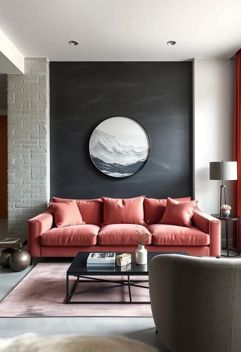 Embrace sophistication with ⁣a charcoal accent wall that beautifully contrasts a dusty rose velvet sofa, creating a stunning focal ‌point in the living room