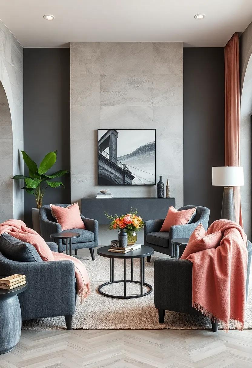 Layer‍ dusty rose throws over charcoal armchairs in a living room to add depth and warmth while maintaining stylish appeal