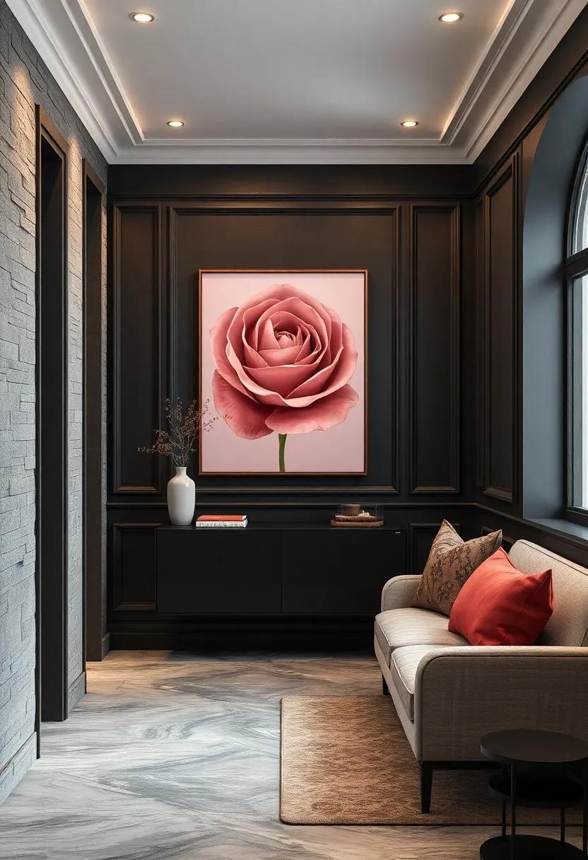 Add character to a hallway by ‍lining the walls with charcoal paneling and dusty rose artwork that captivates ​with‌ elegance and charm