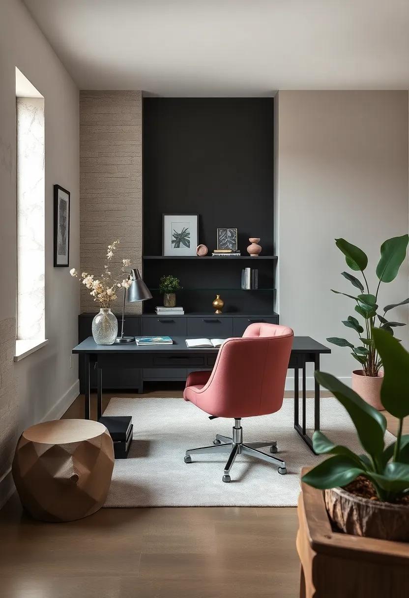 Design a stylish home office featuring a charcoal desk paired with a dusty rose chair, balancing professionalism ‌with a touch of warmth