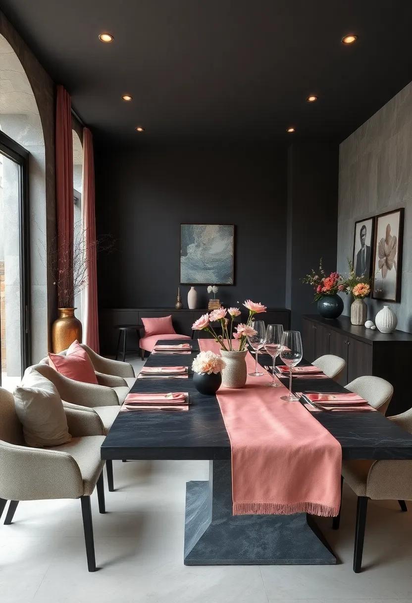 Use dusty rose table runners on charcoal dining tables ​to infuse color while maintaining an air of timeless elegance