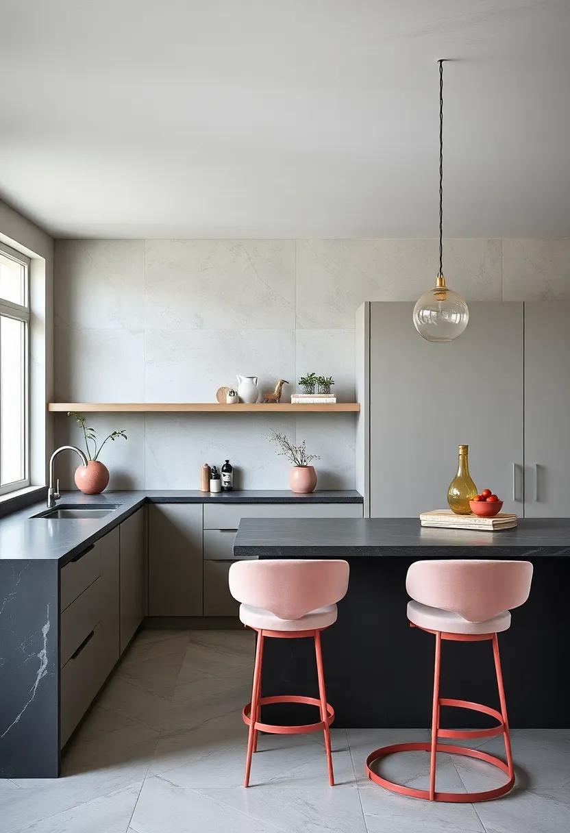 accentuate a minimalist kitchen with charcoal countertops dove-tailing into dusty rose bar stools,achieving a clean yet sophisticated look