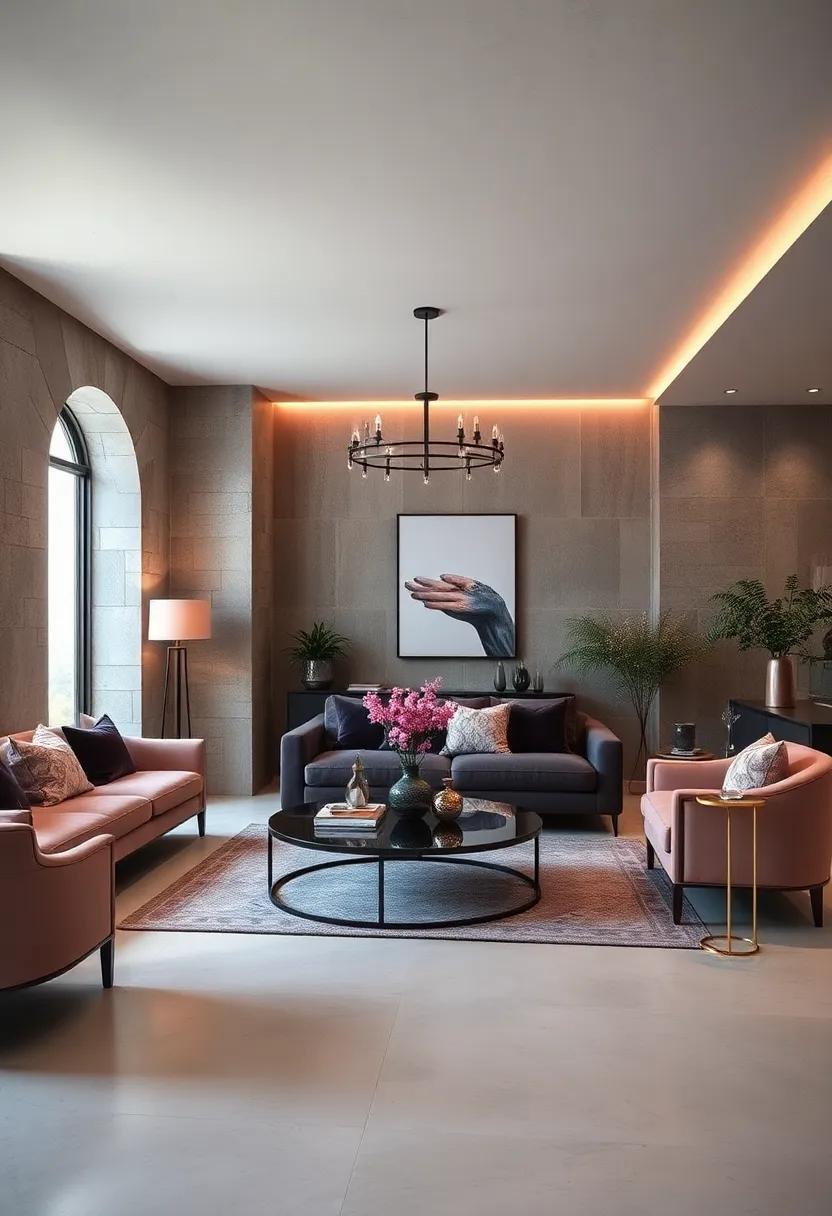 Choose dusty rose accent lighting in a room dominated by charcoal tones to create warmth without sacrificing elegance