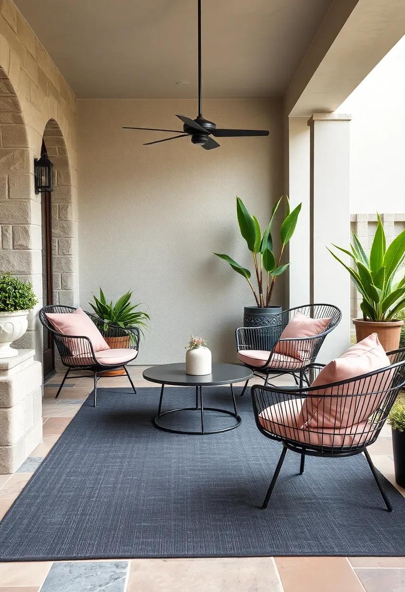 Transform your outdoor space by incorporating a charcoal outdoor rug, with dusty rose cushions on metal chairs⁣ for a⁤ chic and comfortable vibe
