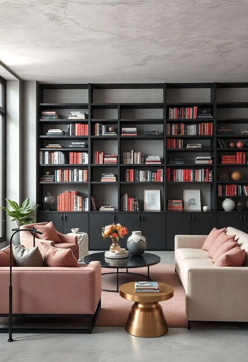 Lastly, curate a collection of dusty rose books against a backdrop of charcoal bookshelves to seamlessly blend elegance with intellectual appeal