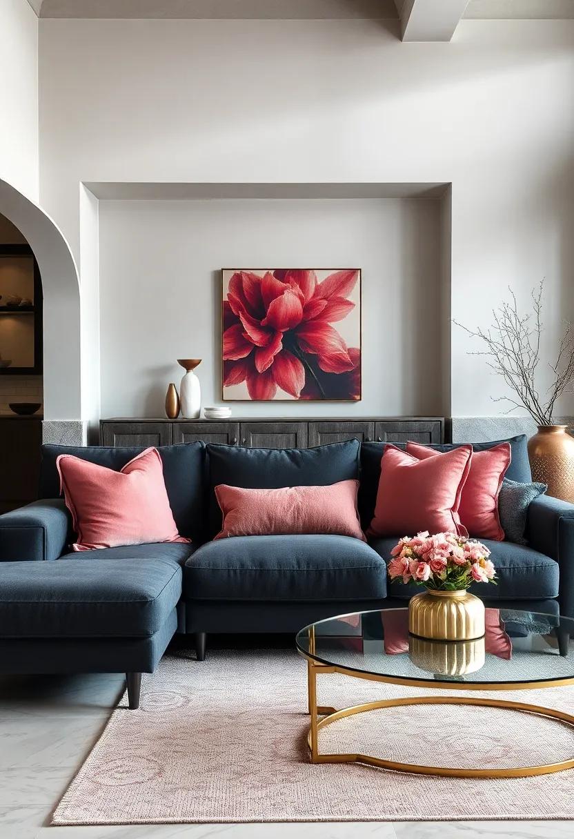 Use dusty rose decorative pillows on ⁤a charcoal couch⁢ to add warmth and texture, making the living space more ⁣inviting and comfy