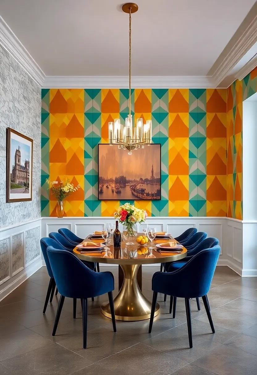 Embrace the unexpected with a vibrant geometric wallpaper ‌that sets the tone for a playful dining⁢ experience, blending modernity with classic elegance