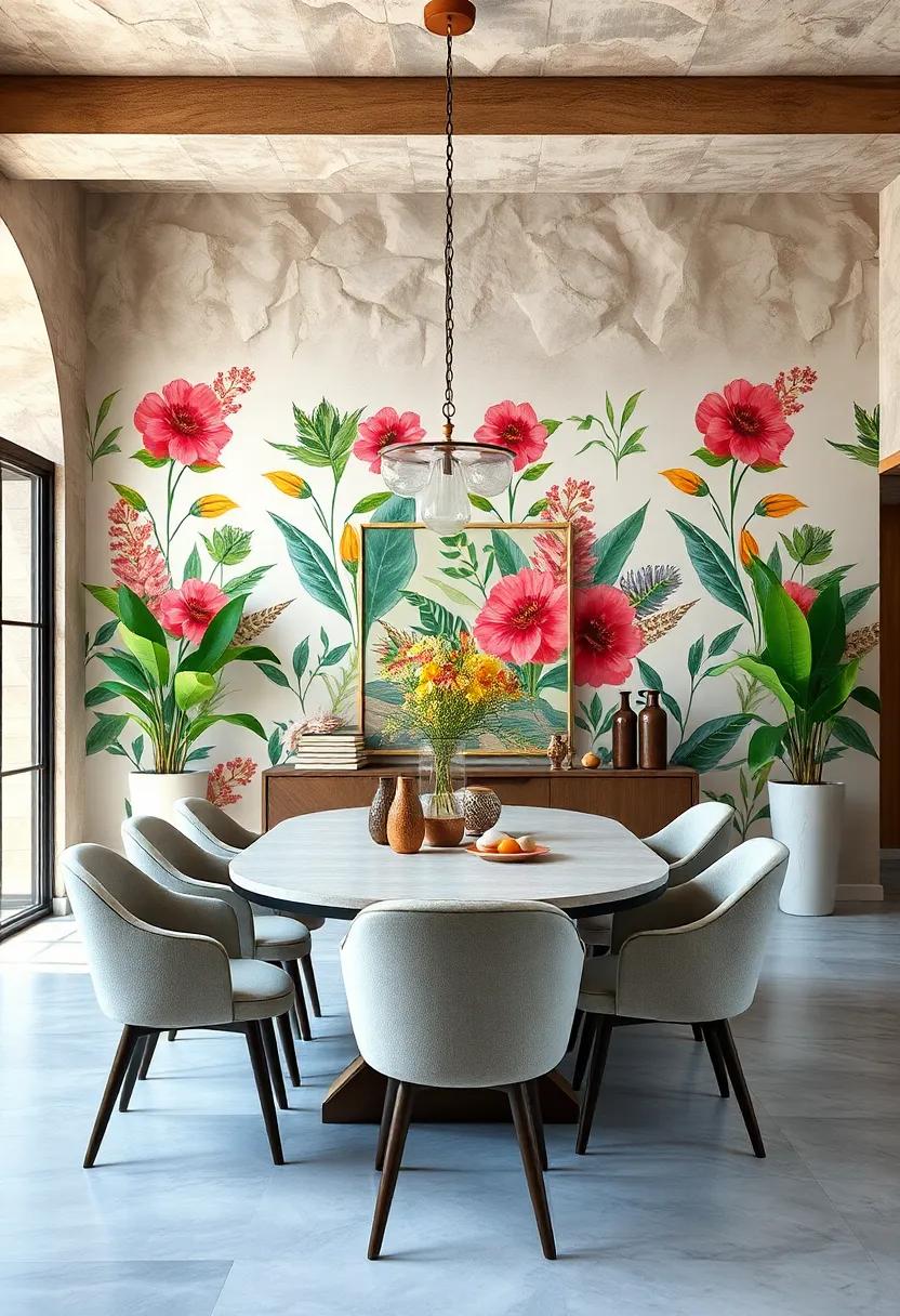 incorporate a statement wall with bold floral prints,turning your dining area into‌ a botanical haven that energizes meal times​ with every glance