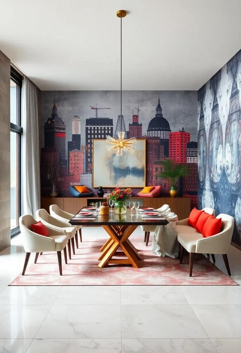 opt for an oversized mural of cityscape or abstract⁣ art that winds around⁣ the walls, turning your dining room into a gallery of inspiration for ‍any gathering