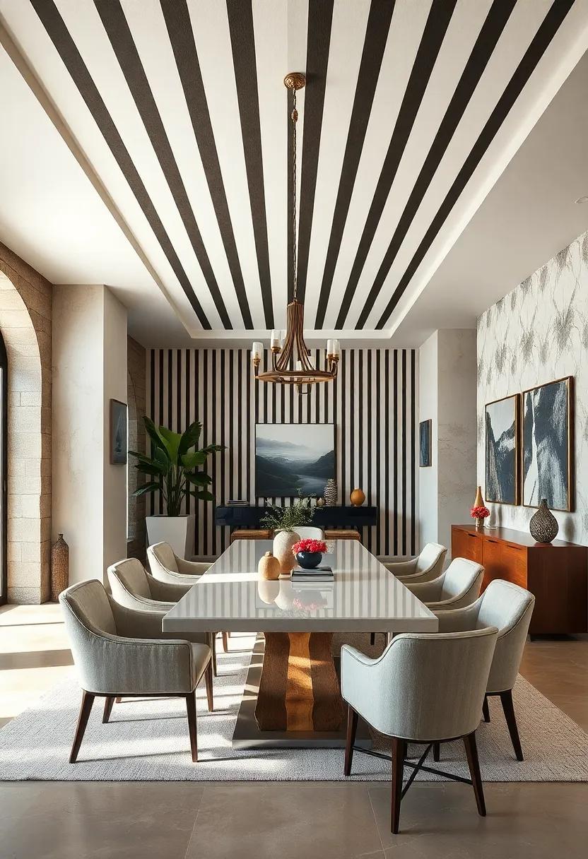 Stripes can be bold⁤ too! A bold striped ceiling paired ⁣with minimalist furniture creates an eye-catching contrast that draws the eye upward and adds depth to the space