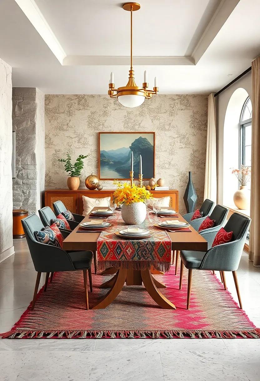 Woven textiles as table runners or placemats can introduce color and pattern subtly, enhancing your dining table without overwhelming the senses