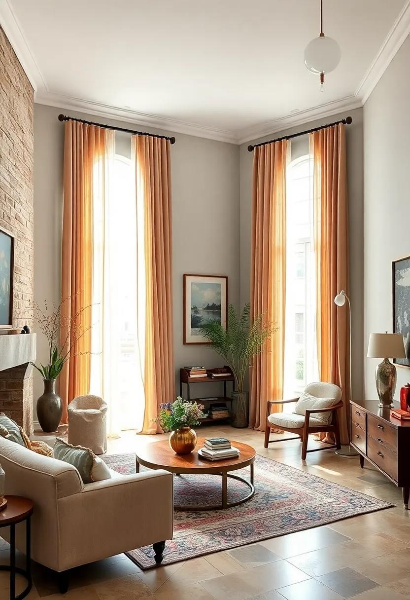 Eclectic window Treatments: Pair sheer, modern curtains with vintage drapery for an unexpected and sophisticated layering effect