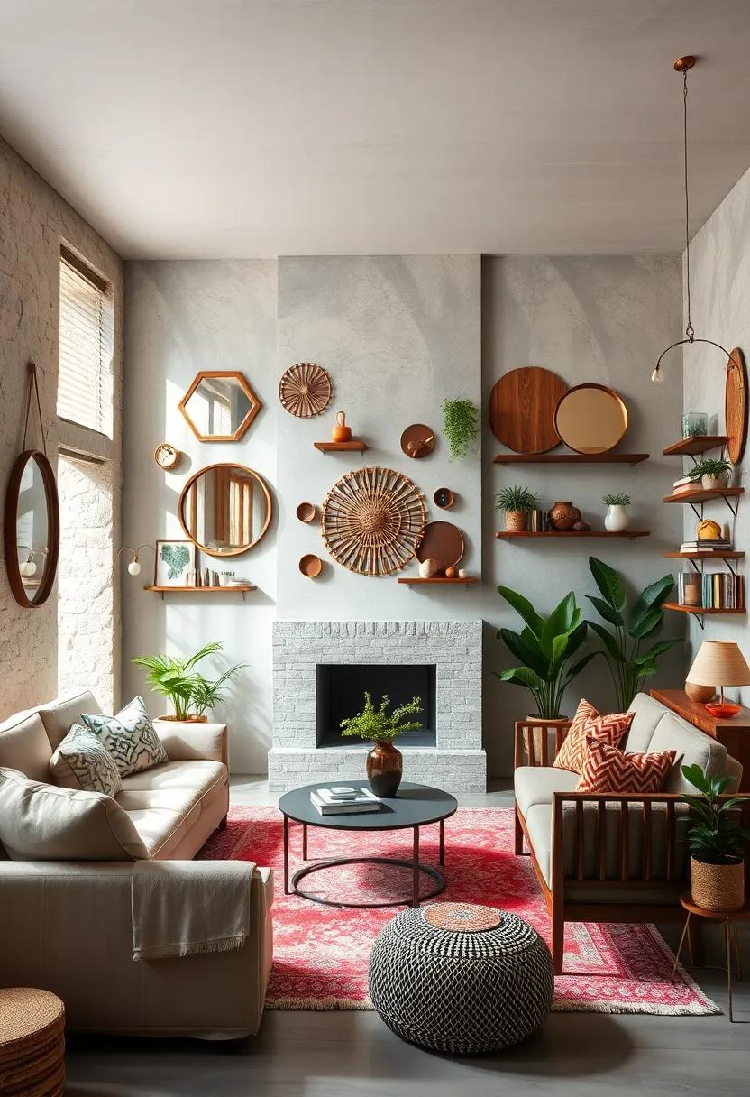 Wall-mounted Displays: Showcase an eclectic mix of wall-mounted decor like mirrors, art, and shelves to create a dynamic visual interest