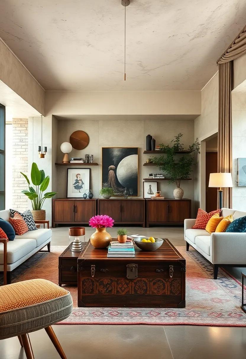 Interactive Spaces: Incorporate functional pieces like a vintage trunk serving as both storage and a coffee table in modern settings