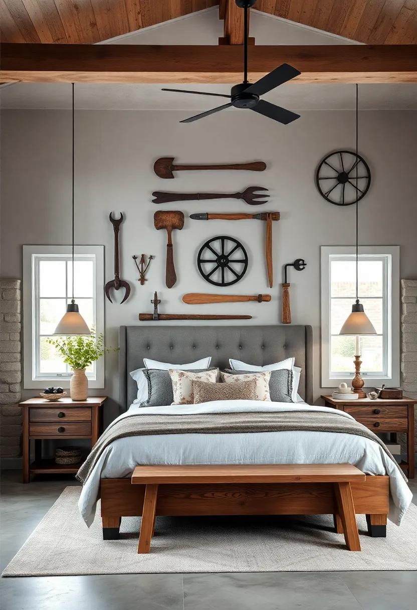 Farm Equipment Displays: ⁢Feature antique farm⁣ tools or ​equipment as statement pieces⁣ above your ⁢bed to celebrate heritage
