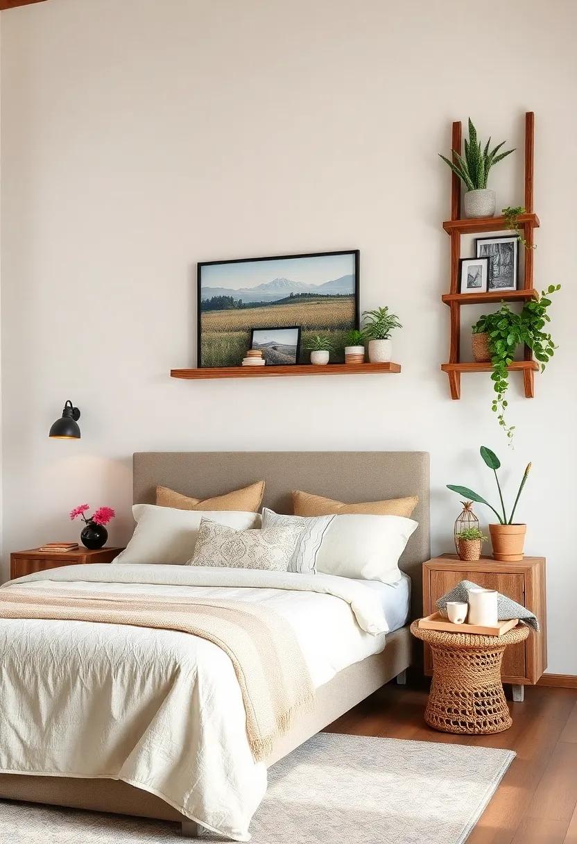 Rustic Ladder Shelves: Lean a wooden ladder‍ against the wall to⁣ display scenic prints or potted plants,⁣ merging function with art