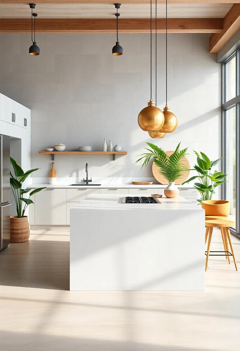 Create​ a serene kitchen ‌oasis ‌with a‌ soft-colored island and an ⁣integrated stovetop, complemented ‍by lush greenery and natural light for a ⁤calm⁣ cooking environment