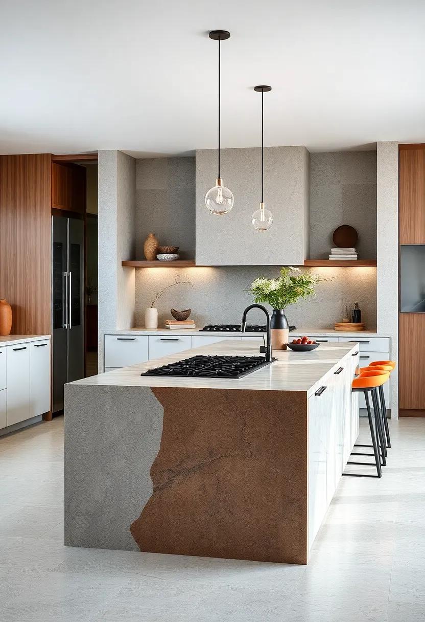 Turn⁣ heads with a statement ​island made from mixed materials⁢ that includes⁢ a stovetop, enhancing⁢ both style and ‌functionality in your⁢ culinary ​space