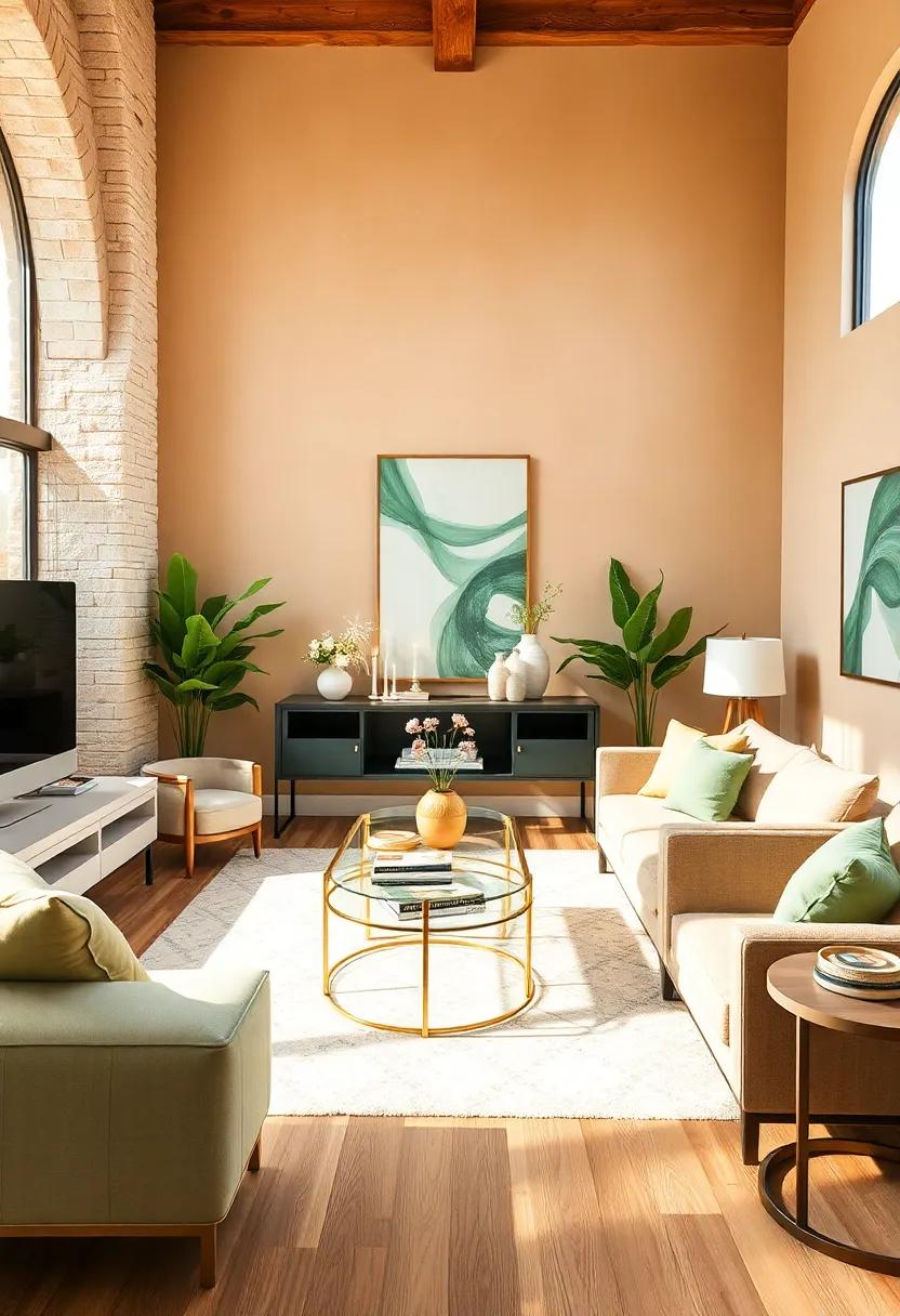 Embrace the Soft ⁤Glow: Start your living room ⁤makeover with light caramel walls that bring warmth ‍and a serene ambiance, perfectly complemented by sage green accents