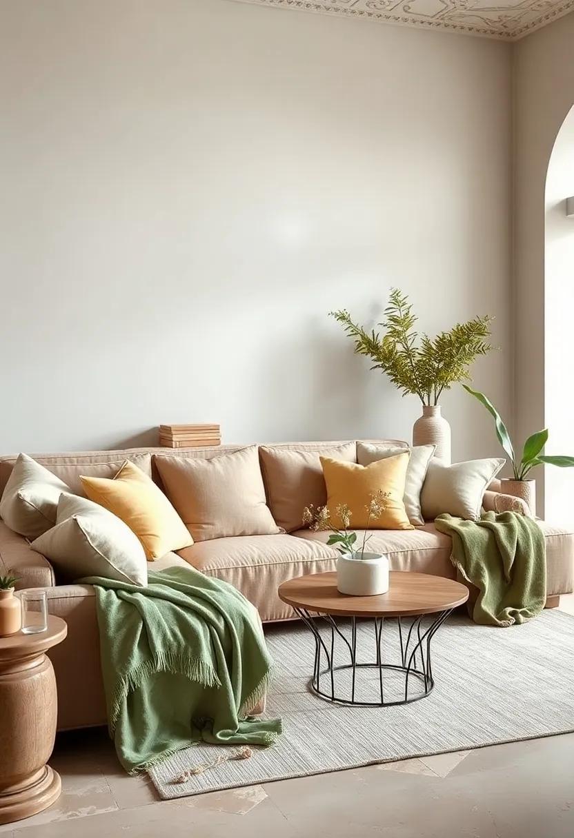 Harmonious Textiles: Incorporate light caramel-toned cushions with sage green throws to create a cozy ⁤and inviting atmosphere⁢ on your‍ sofa