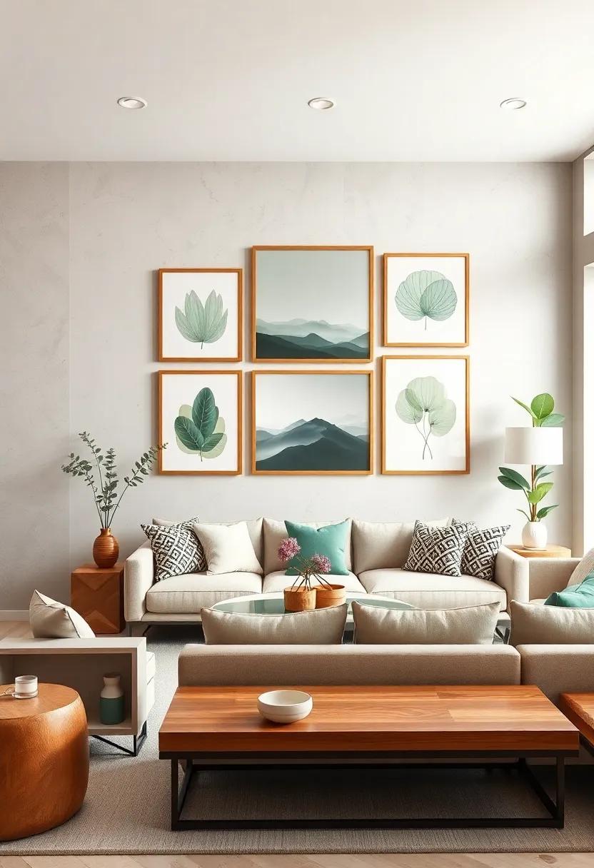 Artistic Walls: Create a gallery wall featuring art pieces with sage green tones framed in light caramel wood for a cohesive yet dynamic look