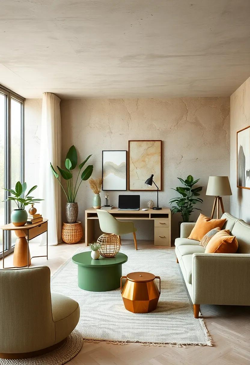 Creative Home Office: Set up a home office with sage green desk accessories against light caramel furniture to foster creativity and productivity