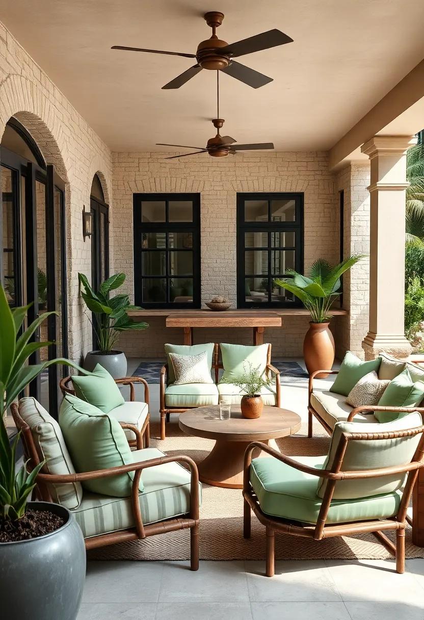Outdoor-Inspired Living: ​Bring the outside in by adorning light caramel outdoor ‌furniture with sage green cushions on‌ your patio