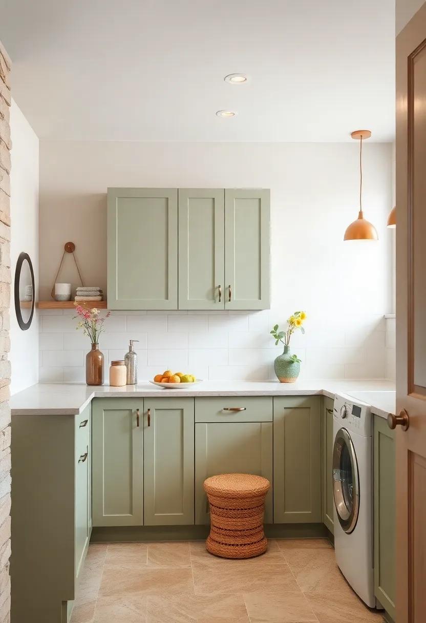 Stylish Laundry Room: Transform your laundry room with sage green cabinets and light caramel countertops that⁢ make mundane tasks more enjoyable