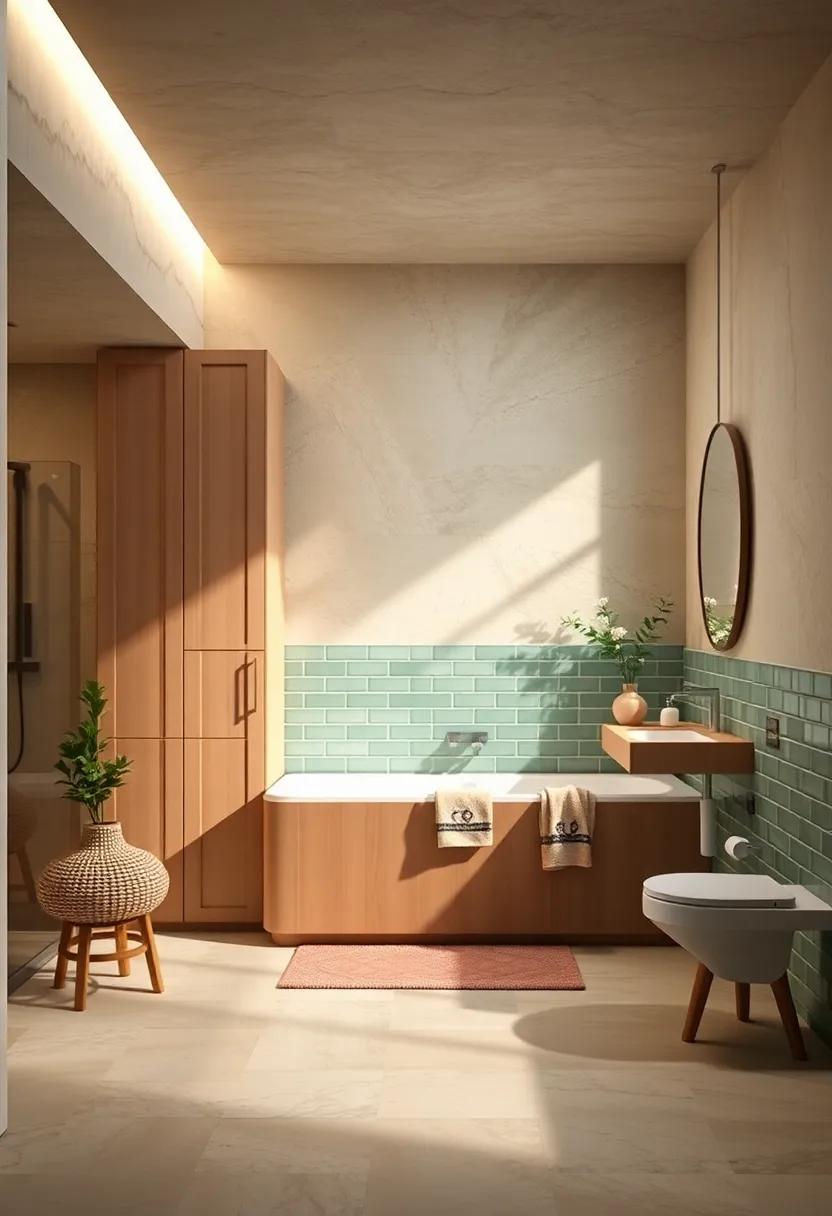 Serenity in the Bathroom:⁢ Transform​ your bathroom with ⁣light caramel cabinetry and sage green ⁣ceramic tiles for a spa-like retreat