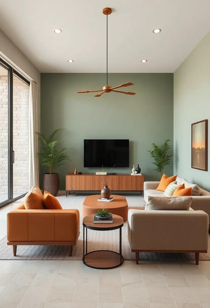 Modern minimalism: Implement a minimalist approach using sleek light caramel furniture against sage⁤ green walls‌ for a ‍contemporary feel