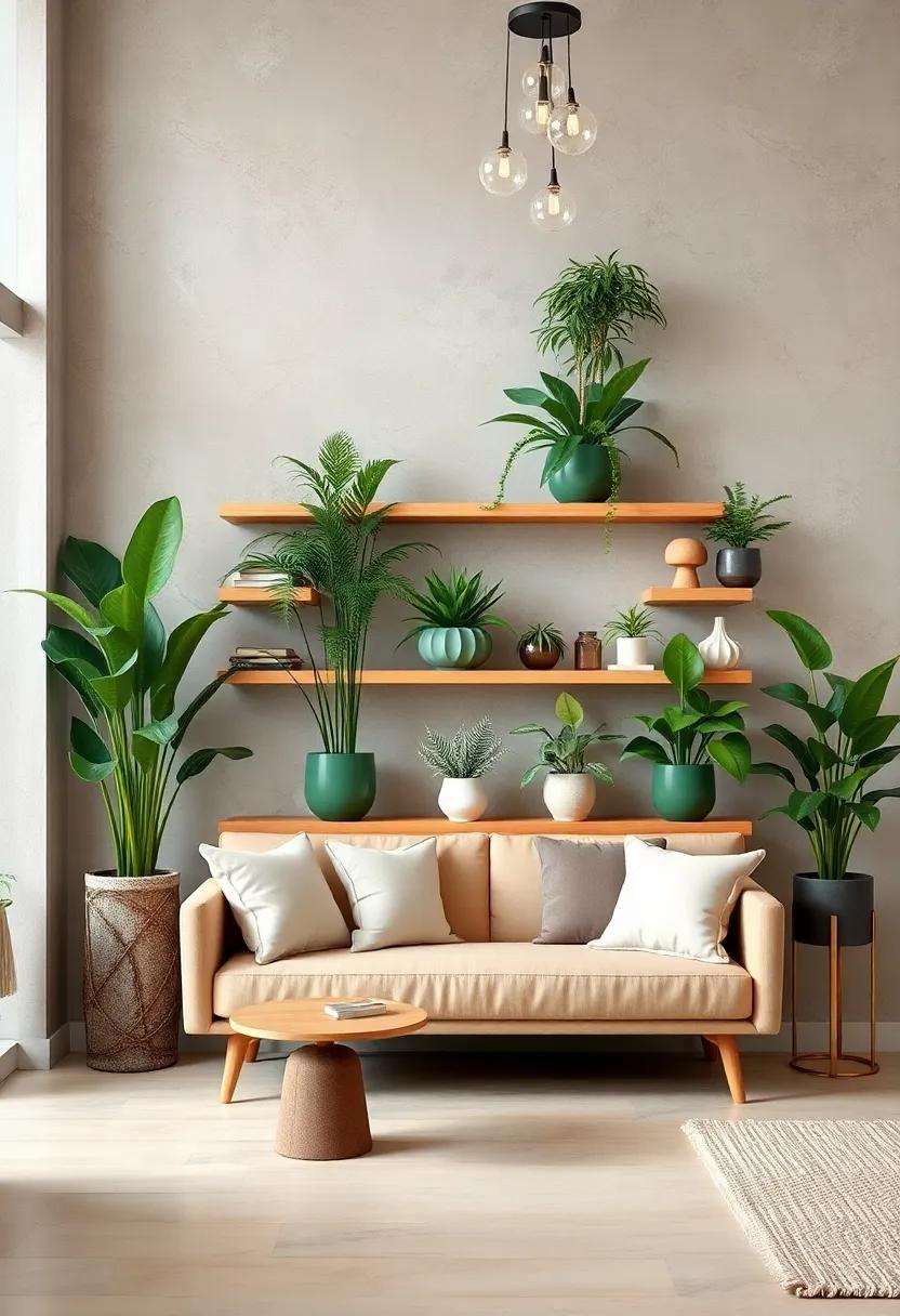 Nature-Inspired⁢ Decor: Use sage green planters filled with lush indoor plants against light caramel wooden shelves for‌ a vibrant, earthy aesthetic