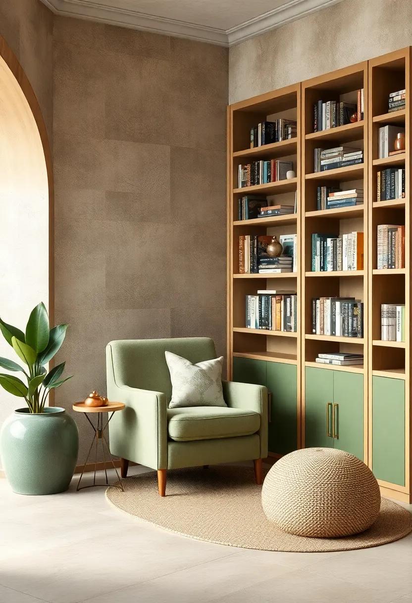 Cozy Reading Nook:‌ Nestle a sage green armchair in a corner with a light caramel bookshelf ‍filled with your favorite reads,providing the ultimate retreat for relaxation
