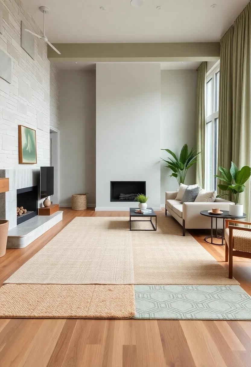 Textured Rugs: Layer a plush light caramel rug on ⁤top of hardwood⁤ floors, paired with a sage green patterned rug, to create depth and comfort underfoot