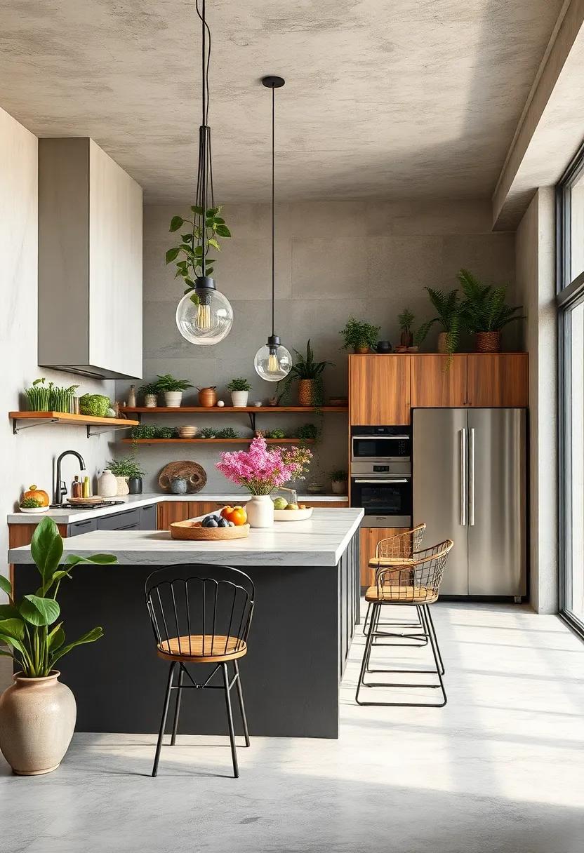 The Industrial Oasis: Envision a kitchen retreat where industrial elements harmonize with botanical decor, offering a refreshing contrast to metal and concrete