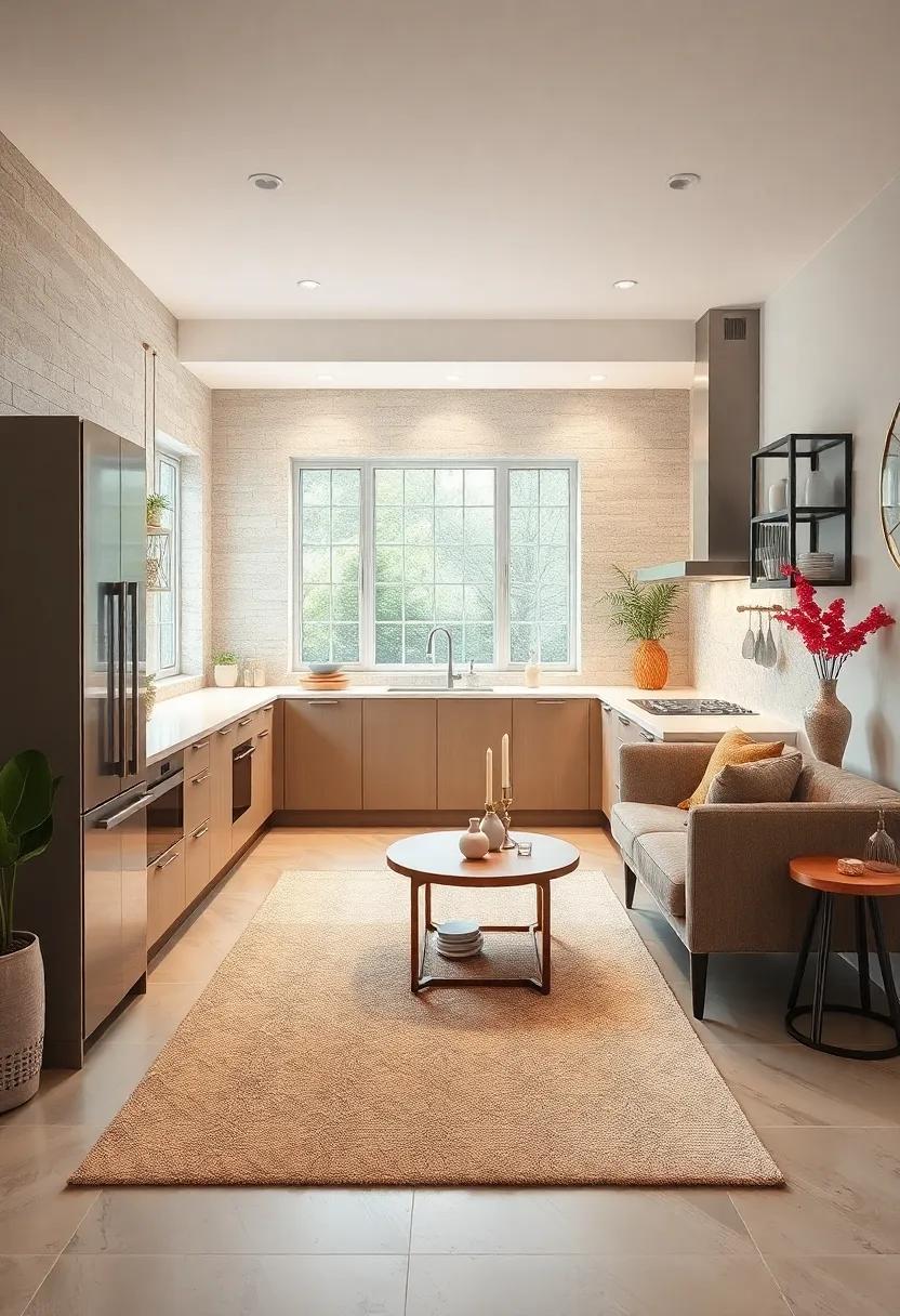 Add beige accents through a soft area rug, grounding the kitchen while enhancing comfort underfoot